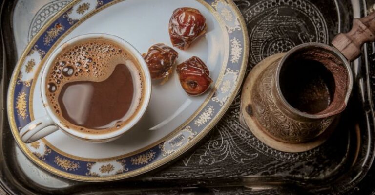 Distressed Wood - Cup Of Coffee With Dates On A Serving Tray